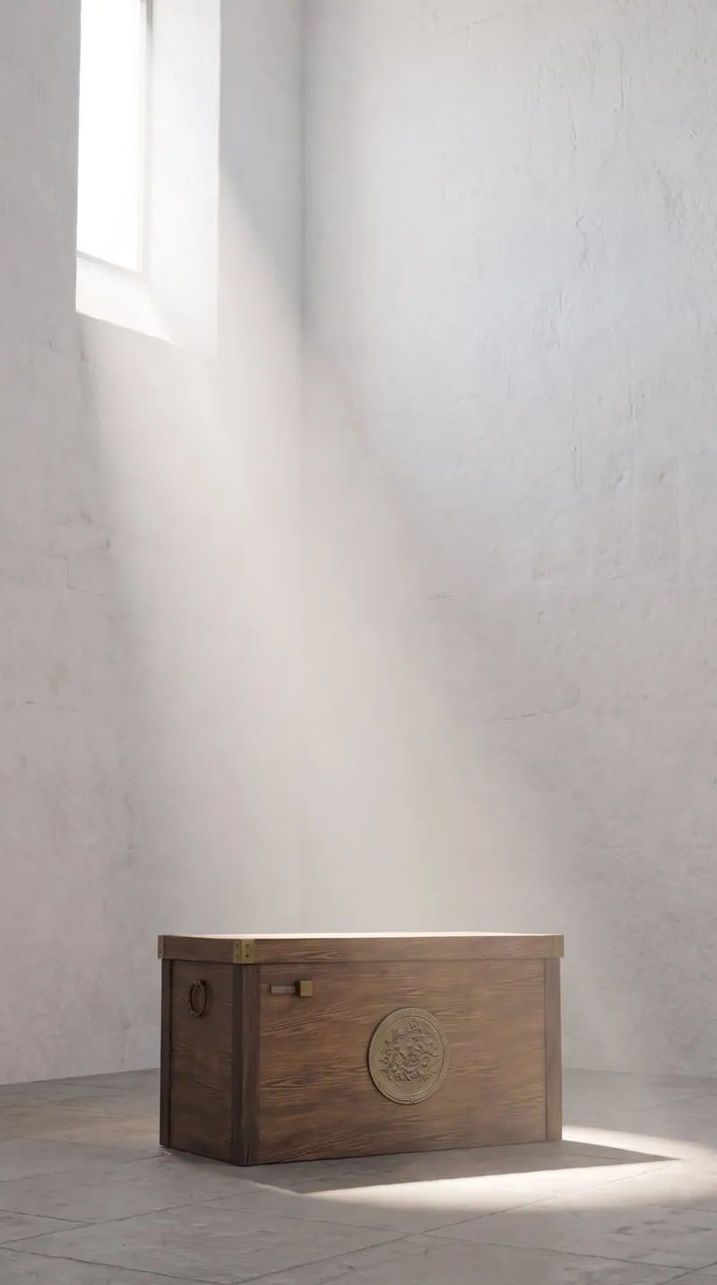 The chest in a pale room, in a beam of morning light