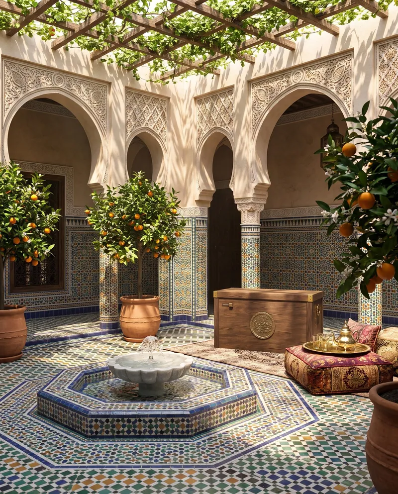 The chest in a tiled courtyard